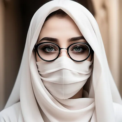 Prompt: She wears an abaya and wears glasses on her eyes. It has small eyes. The color is pale white, the age seems to be 20. She wear mask.
Create image 