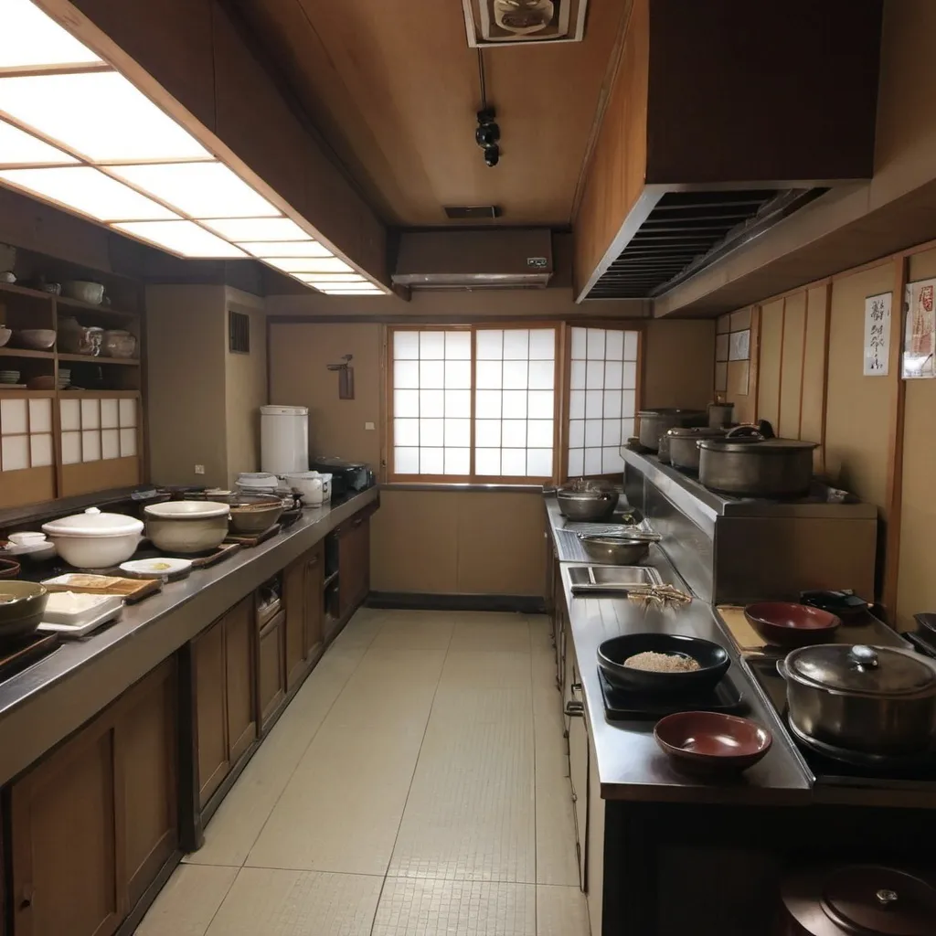 Prompt: kitchen in a japanese restaurant