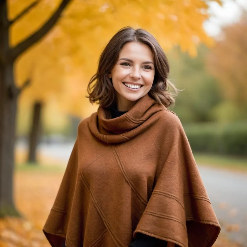 Prompt: crea una mujer de unos 50 a�os sonrriendo con un poncho marron en otoño
