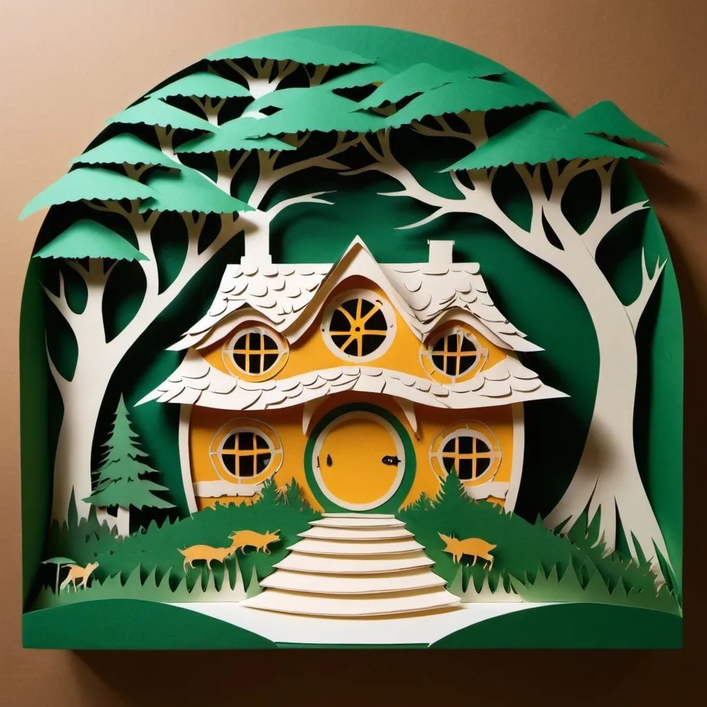Prompt: layered paper cut hobbit house