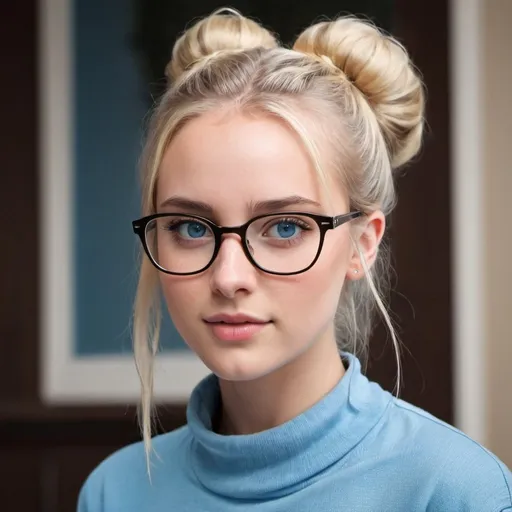 Prompt: a hot blonde girl, with bun, blue eyes and glasses