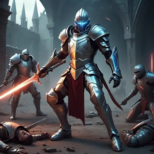 Prompt: A super futuristic Medieval battle with a hero/main character triumphing over a deafeated main vilian dead on the ground make the main character battle worn and have dents and cuts in his armor super futuristic. Make the weapons and armor be super futuristic versions of Medieval weapons and armor. Make the swords have like energy going through them with neon colors. 