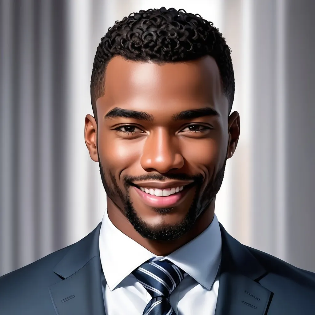 Prompt: Profile pic of handsome black man with a tie facing the camera and smiling

A more round face