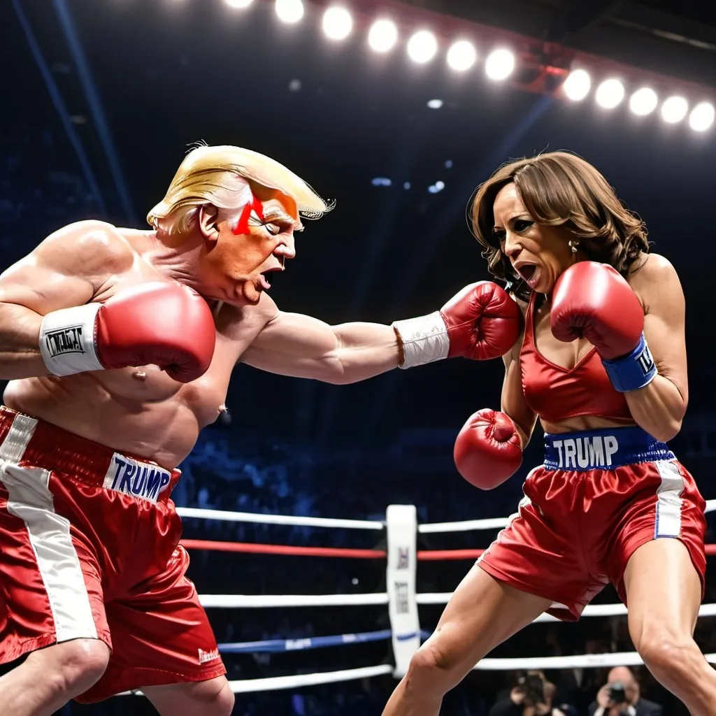 Prompt: Donald Trump winning boxing match and punching  Kamala Harris with an upper cut in boxing ring with gloves on in a ring wearing boxing gear. Fight won by trump 