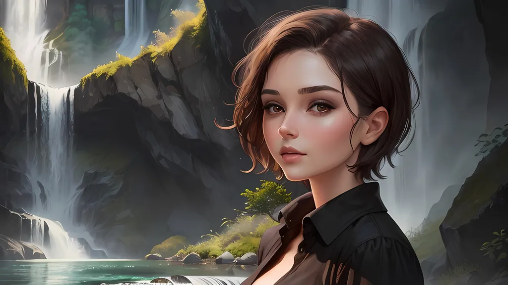 Prompt: beautiful woman in black oversized shirt, short brown hair, beautiful nature, waterfall, highly detailed face