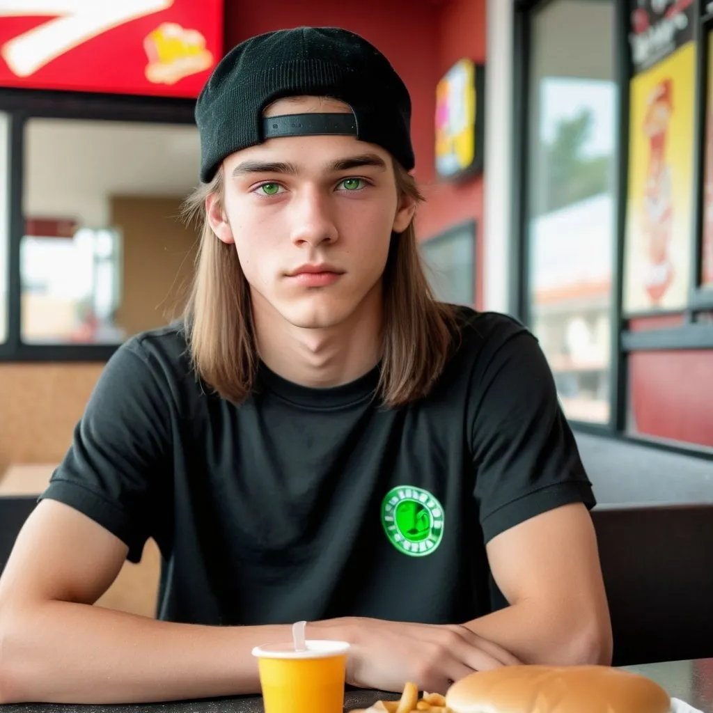 Prompt: A handsome teenage men with a long middle hair with green eyes, wearing a black y2k shirt with a black beani, in sitting at the fast food restaurant, looking at the window thinking.