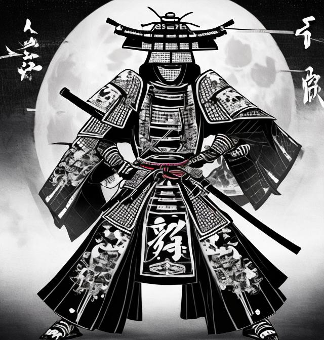 Prompt: A kendo master with  a black and white samurai armour and , and the backround is the fullmoon and an iconic japanes hous