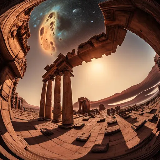 Prompt: a gigantic building with columns and balconies on the outside made out of old ancient metal and stone pieces in the middle of a red mars looking planet with stars on the background, ultra wide shot photography, fish eye perspective, digital art.