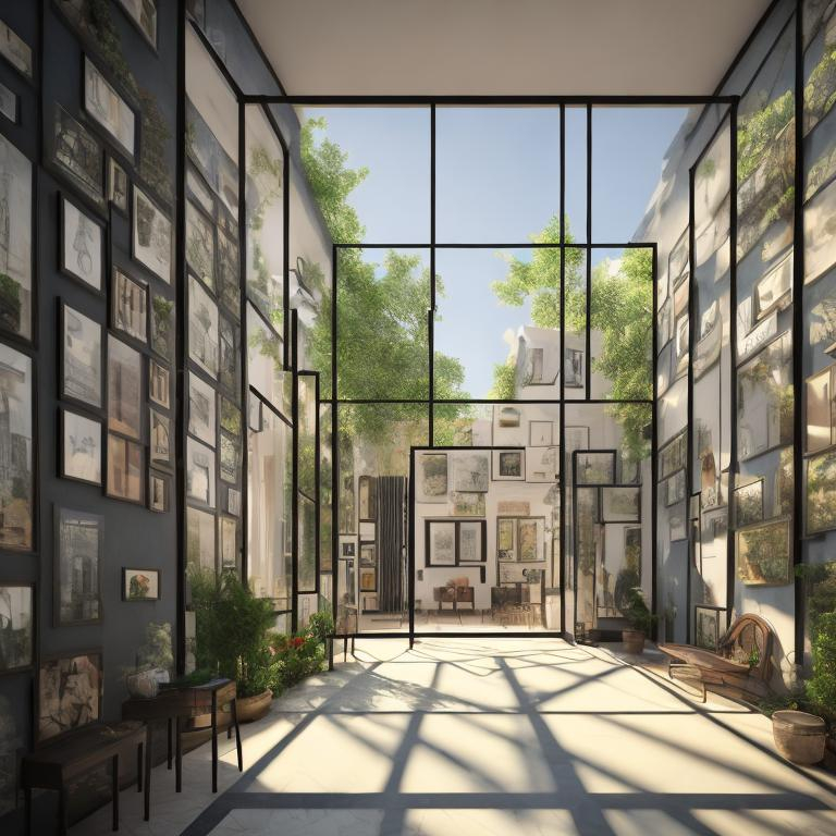 Prompt: an architectural interior design of a place that represents "me in my neighborhood" as a concept of familiar places and a comfortable environment for visiting but not staying for too long like an art gallery or so with windows representing the outside world, photorealistic 4k