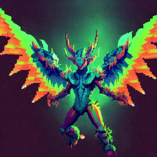 Prompt: A winged fishlike humanoid spiky horned sky creature created entirely from pixelated geometric shapes in vibrant neon colors, low poly ps1 graphic, glitches and matrix bugs, 8 bit retro, pixel sorted, ctr monitor screen, old videogames, 240p,noise art.