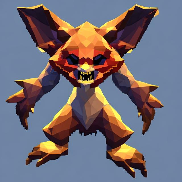 Prompt: Distorted 1993 ctr monitor old cgi low poly ps1 game graphic with glitches and pixel bugs displaying a huge fox like vampire creature with white pale skin and long big fangs flying in your house hallway holding a spear 