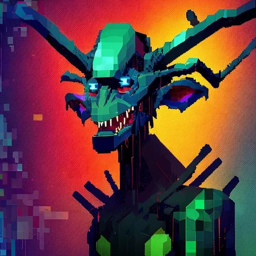 Prompt: A humanoid wendigo like goblin creature created entirely from pixelated geometric shapes in vibrant neon colors, low poly ps1 graphic, glitches and matrix bugs, 8 bit retro, pixel sorted, ctr monitor screen, old videogames, 240p.