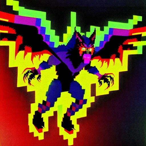 Prompt: A humanoid werewolf ghost flying winged creature created entirely from pixelated geometric shapes in vibrant neon colors, low poly ps1 graphic, glitches and matrix bugs, 8 bit retro, pixel sorted, ctr monitor screen, old videogames, 240p.