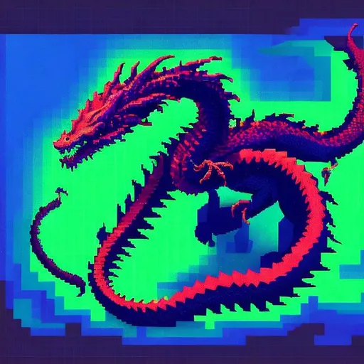 Prompt: A snakelike dragon slither Wyvern lovecraftian sky creature created entirely from pixelated geometric shapes in vibrant neon colors, low poly ps1 graphic, glitches and matrix bugs, 8 bit retro, pixel sorted, ctr monitor screen, old videogames, 240p,noise art.