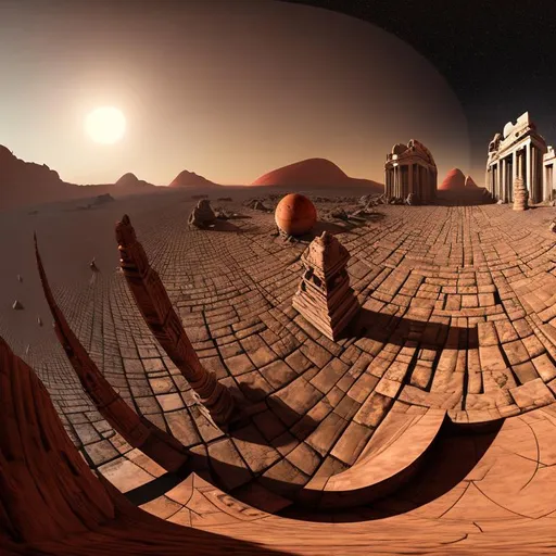 Prompt: a gigantic building with columns and balconies on the outside made out of shiny metal and onyx black stone pieces in the middle of a red mars looking planet with stars on the background, ultra wide shot photography, fish eye perspective, digital art.