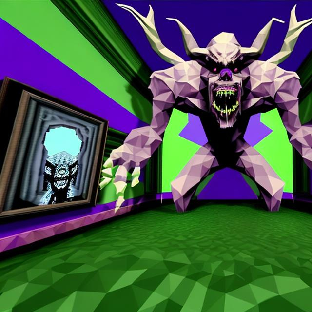 Prompt: Distorted 1993 ctr monitor old cgi low poly ps1 game graphic with glitches and pixel bugs displaying a wendigo, skinwalker like humanoid creature with white pale skin and long big fangs standing in your house hallway, featuring green walls and black carpet with picture frames on the wall next to a purple sofa.