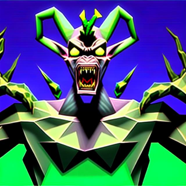 Prompt: Distorted 1993 ctr monitor old cgi low poly ps1 game graphic with glitches and pixel bugs displaying a wendigo, skinwalker like humanoid creature with white pale skin and long big fangs standing in your house hallway, featuring green walls and black carpet with picture frames on the wall next to a purple sofa.