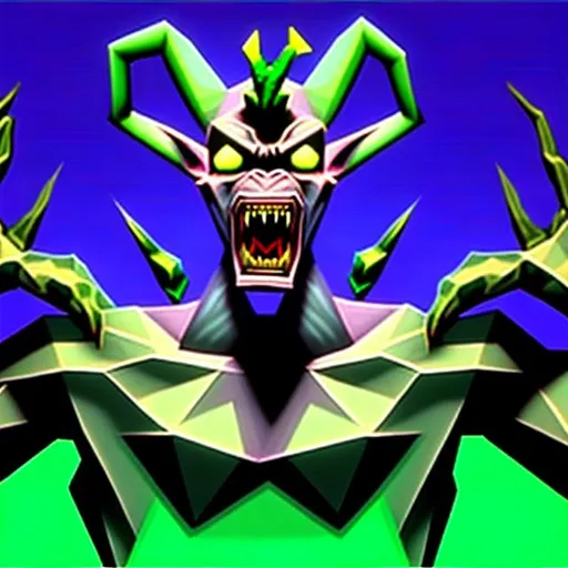 Prompt: Distorted 1993 ctr monitor old cgi low poly ps1 game graphic with glitches and pixel bugs displaying a wendigo, skinwalker like humanoid creature with white pale skin and long big fangs standing in your house hallway, featuring green walls and black carpet with picture frames on the wall next to a purple sofa.