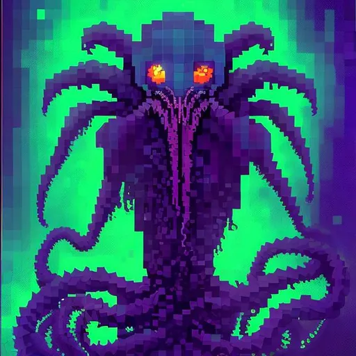 Prompt: A humanoid vampire like harpy cthulu lovecraftian sea creature created entirely from pixelated geometric shapes in vibrant neon colors, low poly ps1 graphic, glitches and matrix bugs, 8 bit retro, pixel sorted, ctr monitor screen, old videogames, 240p.