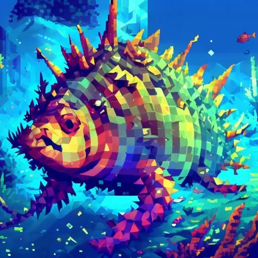 Prompt: A fish spiky horned sea creature created entirely from pixelated geometric shapes in vibrant neon colors, low poly ps1 graphic, glitches and matrix bugs, 8 bit retro, pixel sorted, ctr monitor screen, old videogames, 240p,noise art.