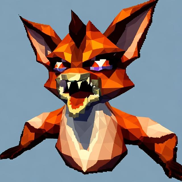 Prompt: Distorted 1993 ctr monitor old cgi low poly ps1 game graphic with glitches and pixel bugs displaying a huge fox like vampire creature with white pale skin and long big fangs flying in your house hallway holding a spear 