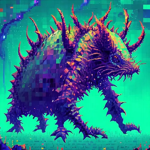 Prompt: A mouse like humanoid spiky horned lovecraftian creature created entirely from pixelated geometric shapes in vibrant neon colors, low poly ps1 graphic, glitches and matrix bugs, 8 bit retro, pixel sorted, ctr monitor screen, old videogames, 240p,noise art.