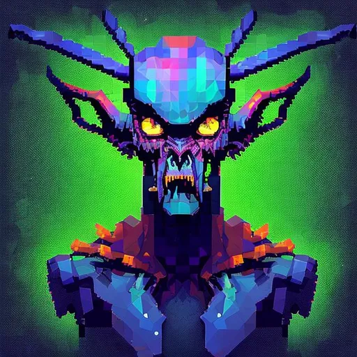 Prompt: A humanoid wendigo like goblin creature created entirely from pixelated geometric shapes in vibrant neon colors, low poly ps1 graphic, glitches and matrix bugs, 8 bit retro, pixel sorted, ctr monitor screen.