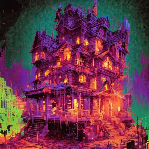 Prompt: A gigantic haunted house eyes scary spiky design created entirely from pixelated geometric shapes in vibrant neon colors, low poly ps1 graphic, glitches and matrix bugs, 8 bit retro, pixel sorted, ctr monitor screen, old videogames, 240p,noise art.