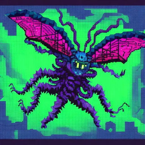 Prompt: An insect like cthulu lovecraftian monster flying creature created entirely from pixelated geometric shapes in vibrant neon colors, low poly ps1 graphic, glitches and matrix bugs, 8 bit retro, pixel sorted, ctr monitor screen, old videogames, 240p.