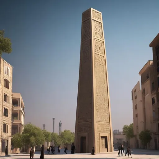 Prompt: a long obelisk looking tower with 8 sides in the middle of a city between short old buildings in the city of tehran in modern days, photorealistic, high quality.