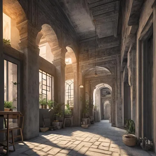 Prompt: an architectural interior design of a place that represents "me in my neighborhood" as a concept of familiar places and a comfortable environment for visiting but not staying for too long like an passage between two old building or two sides of the city or so with windows representing the city around the place, photorealistic 4k