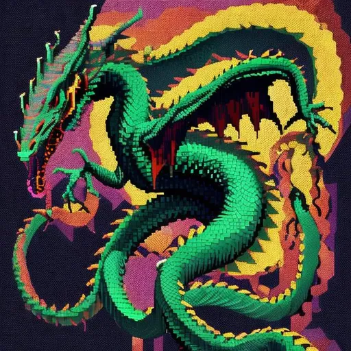 Prompt: A snakelike dragon harpy lovecraftian sky creature created entirely from pixelated geometric shapes in vibrant neon colors, low poly ps1 graphic, glitches and matrix bugs, 8 bit retro, pixel sorted, ctr monitor screen, old videogames, 240p,noise art.