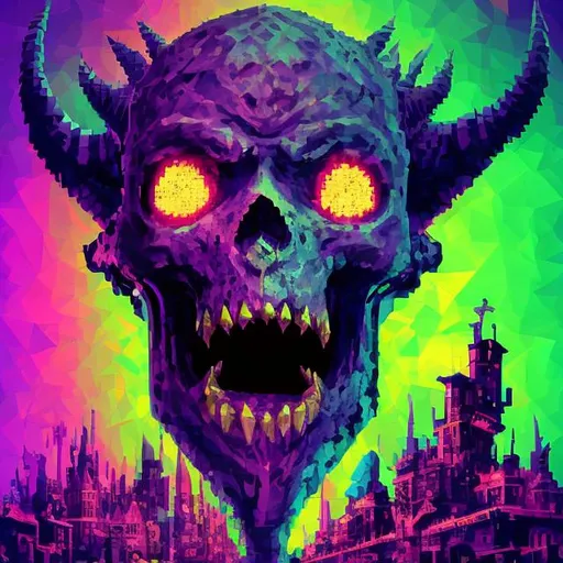 Prompt: A gigantic haunted skull statue with horns and spikes poking out of his eyes, created entirely from pixelated geometric shapes in vibrant neon colors, low poly ps1 graphic, glitches and matrix bugs, 8 bit retro, pixel sorted, ctr monitor screen, old videogames, 240p,noise art.