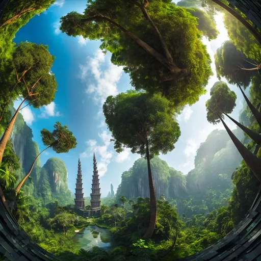 Prompt: a gigantic tower-like building with columns and pointy roofs made out of shiny metal and onyx black stone pieces in the middle of a jungle with super short trees with stars on the background, ultra wide shot photography, fish eye perspective, digital art.