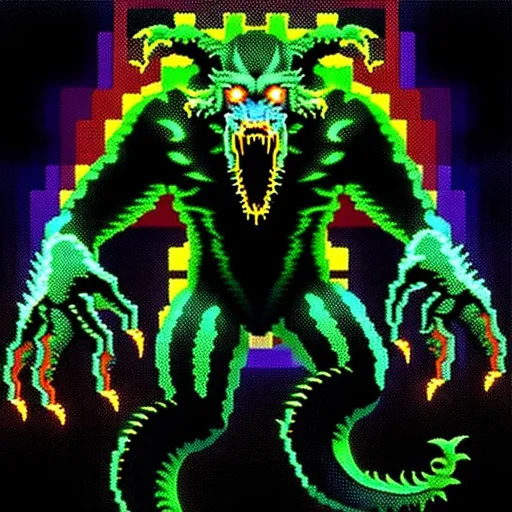 Prompt: A humanoid werewolf cthulu lovecraftian sea creature created entirely from pixelated geometric shapes in vibrant neon colors, low poly ps1 graphic, glitches and matrix bugs, 8 bit retro, pixel sorted, ctr monitor screen, old videogames, 240p.