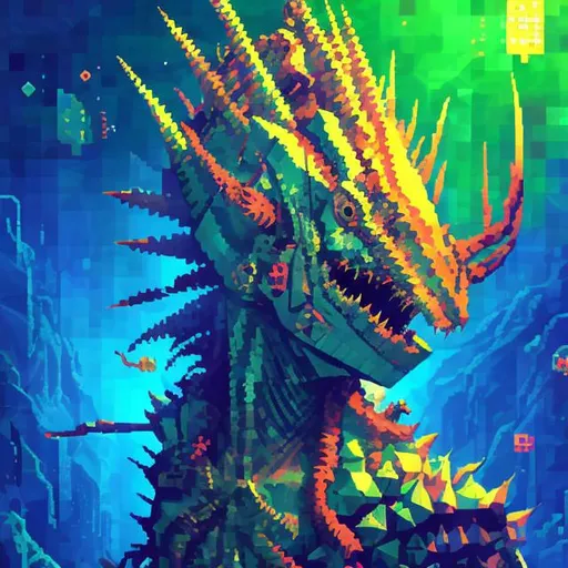 Prompt: A fishlike humanoid spiky horned sea creature created entirely from pixelated geometric shapes in vibrant neon colors, low poly ps1 graphic, glitches and matrix bugs, 8 bit retro, pixel sorted, ctr monitor screen, old videogames, 240p,noise art.