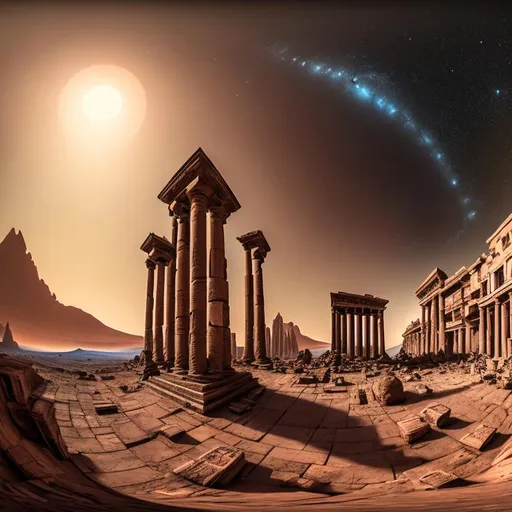 Prompt: a gigantic building with columns and balconies on the outside made out of old ancient metal and stone pieces in the middle of a red mars looking planet with stars on the background, ultra wide shot photography, fish eye perspective, digital art.