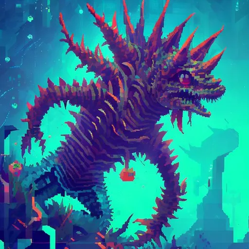 Prompt: A fishlike humanoid spiky horned sea creature created entirely from pixelated geometric shapes in vibrant neon colors, low poly ps1 graphic, glitches and matrix bugs, 8 bit retro, pixel sorted, ctr monitor screen, old videogames, 240p,noise art.