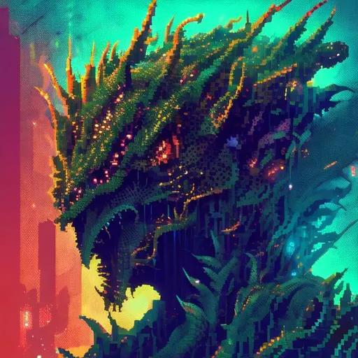 Prompt: A fishlike humanoid spiky horned lovecraftian sky creature created entirely from pixelated geometric shapes in vibrant neon colors, low poly ps1 graphic, glitches and matrix bugs, 8 bit retro, pixel sorted, ctr monitor screen, old videogames, 240p,noise art.