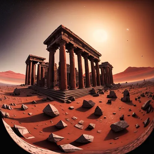 Prompt: a gigantic building with columns and balconies on the outside made out of shiny metal and onyx black stone pieces in the middle of a red mars looking planet with stars on the background, ultra wide shot photography, fish eye perspective, digital art.