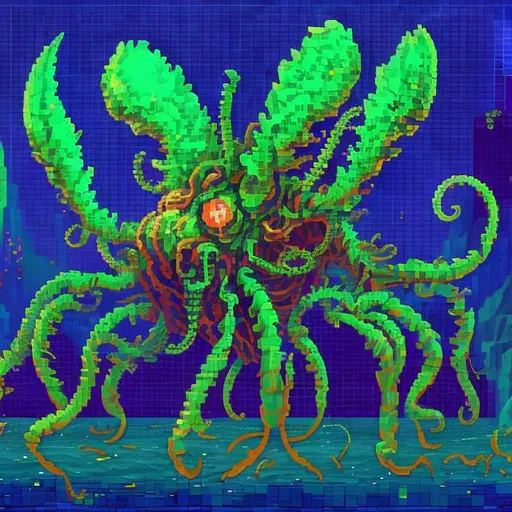 Prompt: An insect like cthulu lovecraftian monster sea creature created entirely from pixelated geometric shapes in vibrant neon colors, low poly ps1 graphic, glitches and matrix bugs, 8 bit retro, pixel sorted, ctr monitor screen, old videogames, 240p.