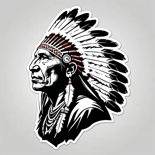 Prompt: native indian chief head, about 50 years old, proud look on his face , profile to the left, in black and white stencil svg style, looks like a sticker,  a thik white sticker border line is around the image, no gray colors ,only black and white,

