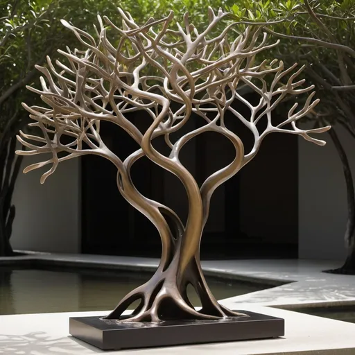 Prompt: magine a bronze sculpture of an abstract mangrove tree. The sculpture stands tall, with twisting branches reaching outwards. The branches are smooth, reminiscent of the bark of a mangrove tree. Some branches may curve gracefully, while others jut out at sharp angles, creating a sense of movement and dynamism within the sculpture. The roots of the mangrove tree spread outwards, intertwining and overlapping, anchoring the sculpture firmly to its base. The overall shape of the sculpture is organic and flowing, capturing the essence of the mangrove tree in an abstract but playful form. Light plays off the bronze surface, casting shadows that add depth and dimension to the artwork. This sculpture serves as a homage to the beauty and resilience of mangrove ecosystems.