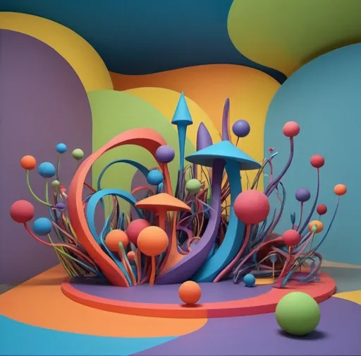 Prompt: please turn the image into a playful 3D sculpture. make use of the many colours and forms and make it enchanting