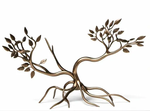 Prompt: made a 3D model of a mangrove tree sculpture made out of bronze. make it simple but playful. add small leaves around but not too many. make sure the intertwined roots are obvious. make its stem angled to one side