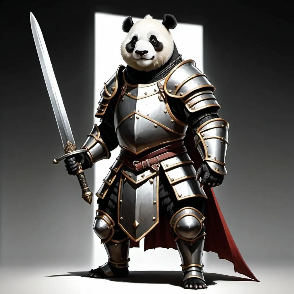Prompt: Tall Skinny Athletic panda paladin in plate armour with a 2 handed sword