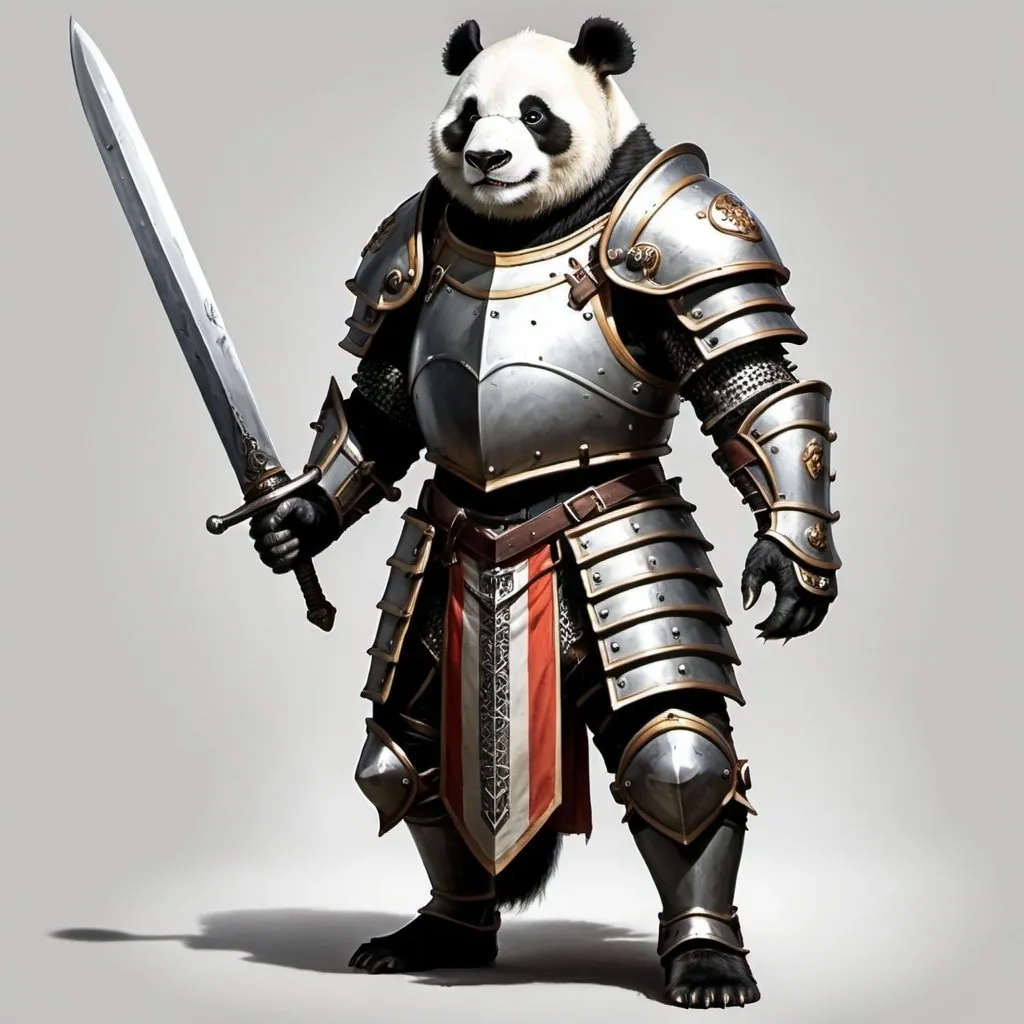 Prompt: Tall, very skinny, Athletic panda paladin in plate armour with a 2 handed greatsword