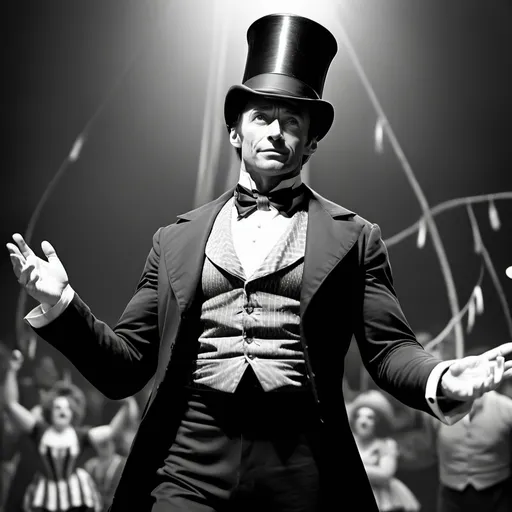 Prompt: hugh jackman as a circus ringmaster in black and white mid performance