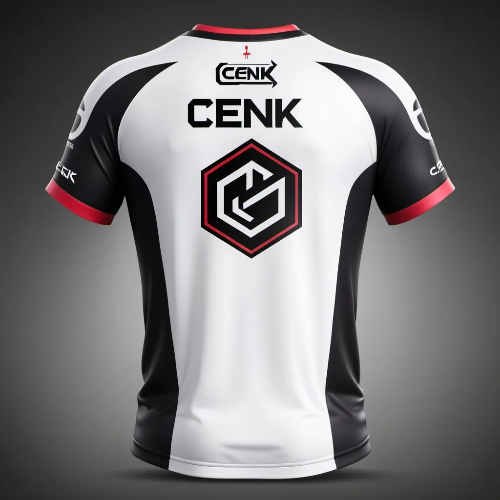 Prompt: esports jersey with "Cenk" written on the back. Only the clothing and background are white. No people are visible.no people, an empty outfit