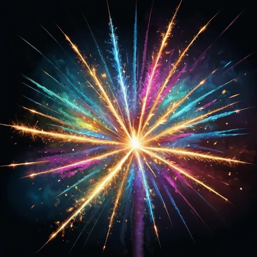 Prompt: Vibrant digital artwork of a mesmerizing sparkler, striking colors, dynamic movement, high-quality detail, digital painting, intense brightness, vibrant sparks, energetic swirls, colorful burst, celebratory atmosphere, best quality, highres, ultra-detailed, digital art, vibrant colors, dynamic movement, celebratory, energetic, intense brightness